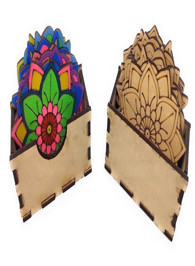 ستيبس تو دو مجموعة طلاء ماندالا خشبية من StepsToDo، تتضمن مجموعة قواعد أكواب الشاي. فن الماندالا. مجموعة من 6 قواعد أكواب محفورة مسبقًا مقاس 4 بوصات، مع علبة وألوان وفرشاة طلاء وحامل وصحن. - Image 4